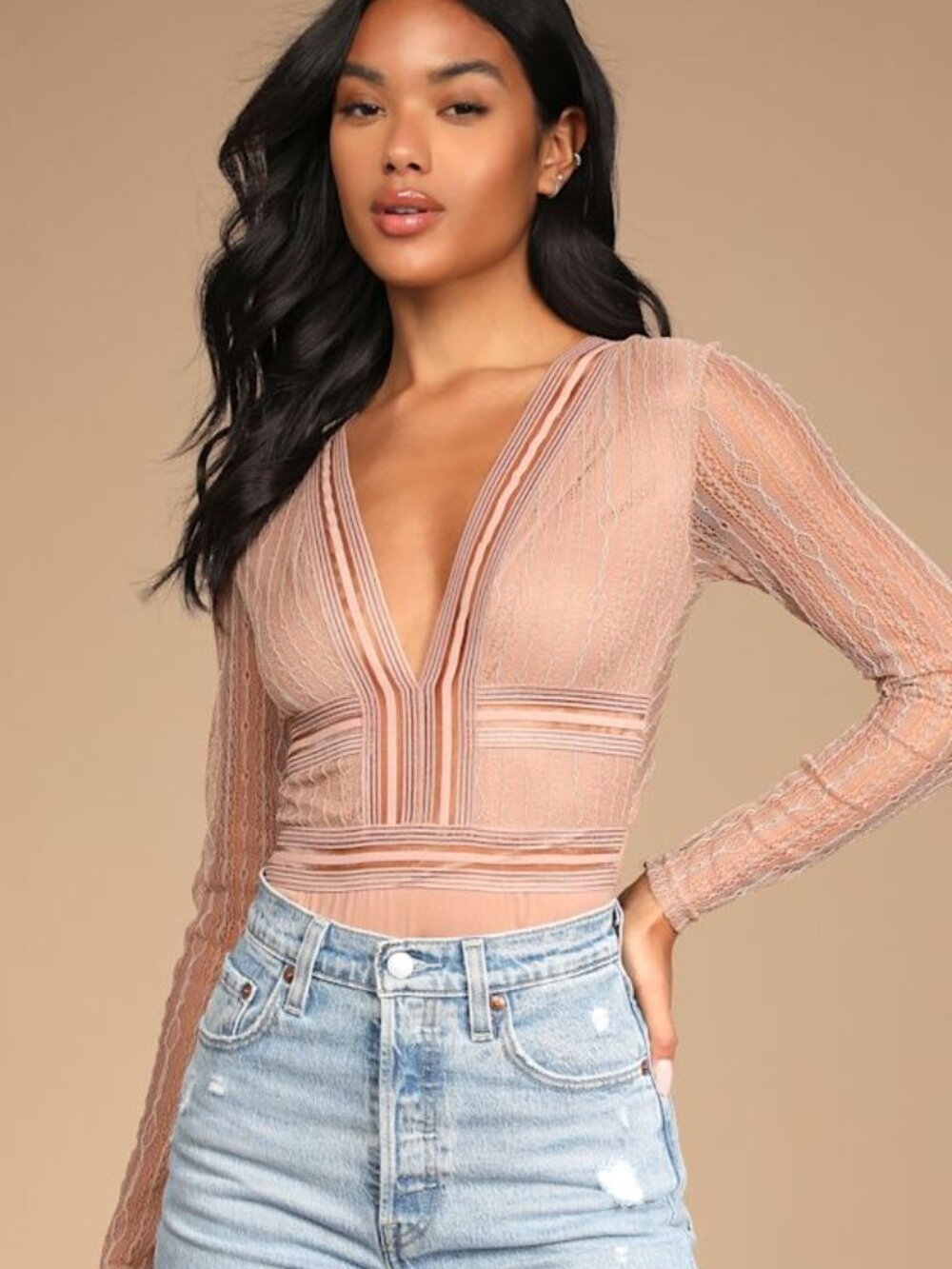 Lulus Casita Beige Sheer Lace Long Sleeve Bodysuit - Size S